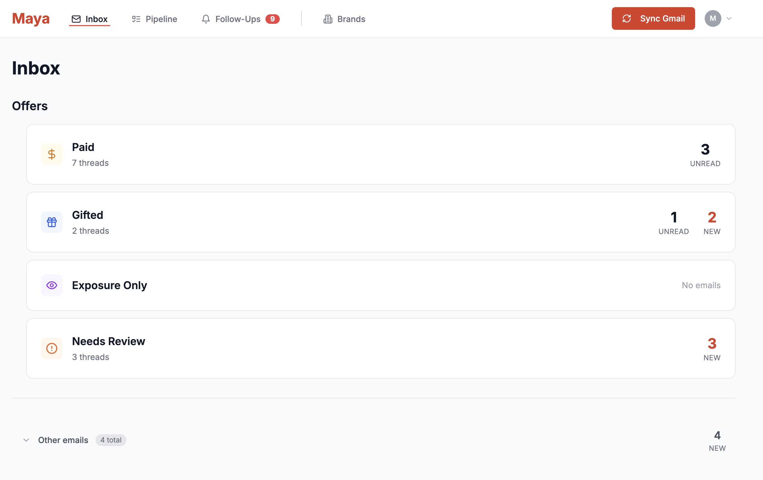 Maya Dashboard showing organized brand collaboration emails